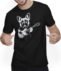 Produktbild von T-Shirt mit Mann Französische Bulldogge mit E-Gitarre Musiker Gitarrist