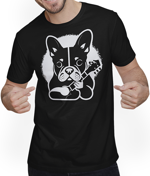 Produktbild von T-Shirt mit Mann Französische Bulldogge mit E-Gitarre Musiker Gitarrist