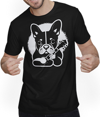 Produktbild von T-Shirt mit Mann Französische Bulldogge mit E-Gitarre Musiker Gitarrist