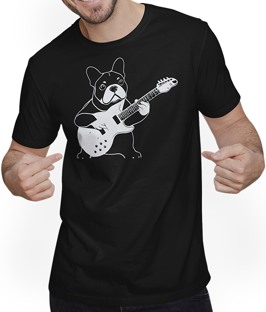 Produktbild von T-Shirt mit Mann Französischer Hund mit E-Gitarre Musiker Gitarrist