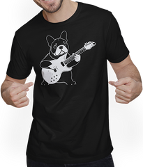 Produktbild von T-Shirt mit Mann Französischer Hund mit E-Gitarre Musiker Gitarrist