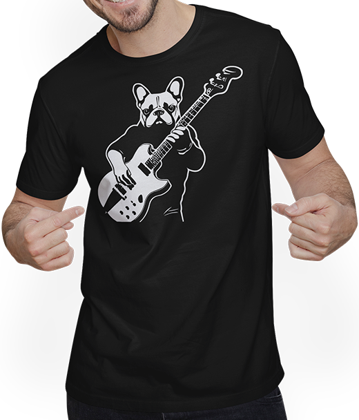 Produktbild von T-Shirt mit Mann Französischer Hund mit E-Gitarre Musiker Gitarrist