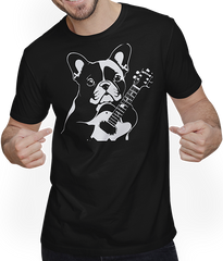 Produktbild von T-Shirt mit Mann Französischer Hund mit E-Gitarre Musiker Gitarrist