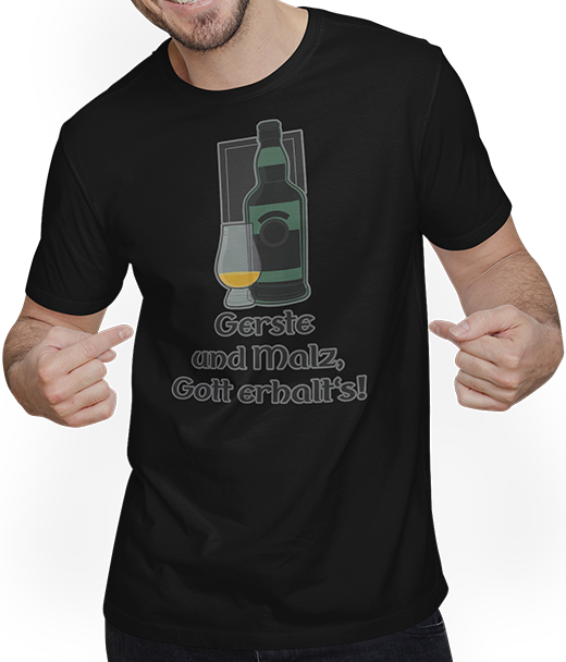 Produktbild von T-Shirt mit Mann Gerste und Malz Gott erhalt's Schottland Islay Scotch Whisky