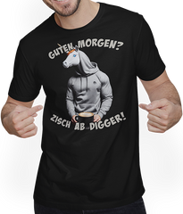 Produktbild von T-Shirt mit Mann Guten Morgen? Zisch ab Digger! Einhorn Mann Kaffee Spruch