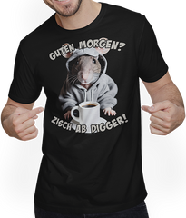 Produktbild von T-Shirt mit Mann Guten Morgen? Zisch ab Digger! Ratte Kaffee Spruch Lustig