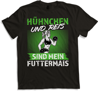 Produktbild von T-Shirt Hühnchen Reis Futtermais Kraft Bodybuilding Frauen Sprüche