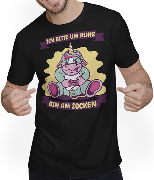 Produktbild von T-Shirt mit Mann Ich bitte um Ruhe bin am zocken Gamer Sprüche Einhorn Zocker