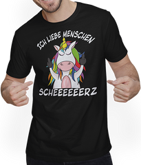 Produktbild von T-Shirt mit Mann Ich liebe Menschen | Böses Misanthrop Einhorn | Sarkasmus