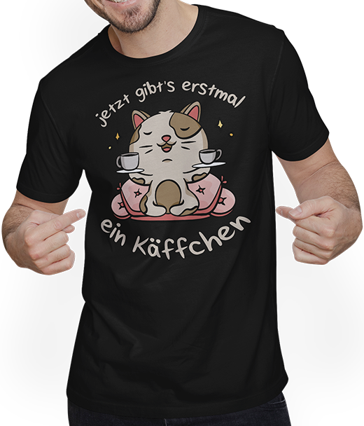 Produktbild von T-Shirt mit Mann Jetzt gibt's erstmal ein Käffchen Katze Kaffee Sprüche