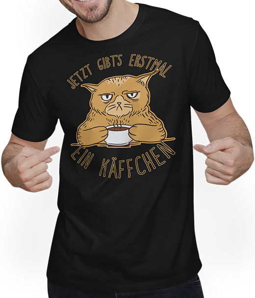 Produktbild von T-Shirt mit Mann Jetzt gibt's erstmal ein Käffchen Katze Kaffee Sprüche