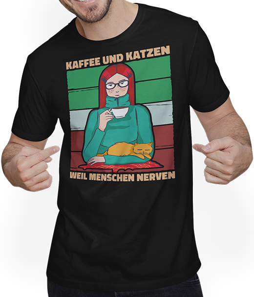 Produktbild von T-Shirt mit Mann Kaffee und Katzen weil Menschen Nerven Morgenmuffel Katzen