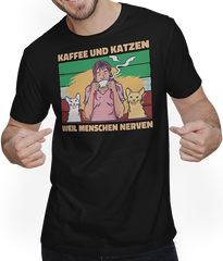 Produktbild von T-Shirt mit Mann Kaffee und Katzen weil Menschen Nerven Morgenmuffel Katzen