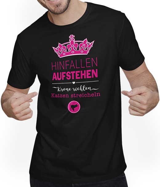 Produktbild von T-Shirt mit Mann Katze | Hinfallen Aufstehen Krone richten | Sprüche Shirt