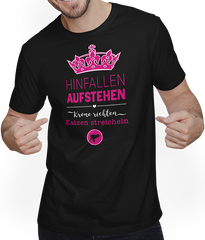 Produktbild von T-Shirt mit Mann Katze | Hinfallen Aufstehen Krone richten | Sprüche Shirt