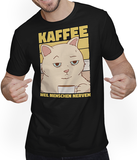 Produktbild von T-Shirt mit Mann Katzen weil Menschen Nerven Morgenmuffel Kaffee Sprüche