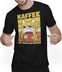 Produktbild von T-Shirt mit Mann Katzen weil Menschen Nerven Morgenmuffel Kaffee Sprüche