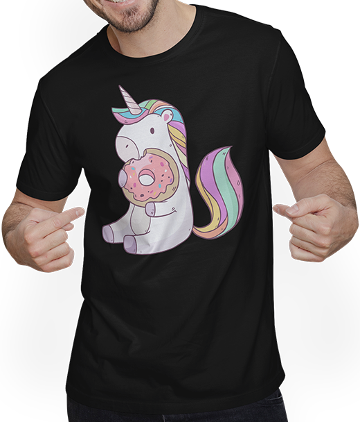 Produktbild von T-Shirt mit Mann Kleines hungriges Einhorn nascht leckeren süßen Donut Shirt