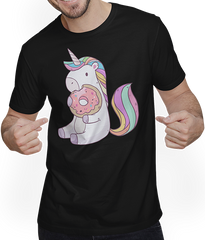 Produktbild von T-Shirt mit Mann Kleines hungriges Einhorn nascht leckeren süßen Donut Shirt