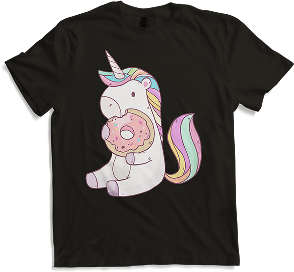 Produktbild von T-Shirt Kleines hungriges Einhorn nascht leckeren süßen Donut Shirt