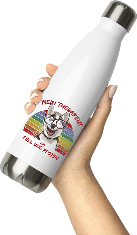 Produktbild von Thermosflasche von Hand gehalten Lustiger Husky | Mein Therapeut hat Fell und Pfoten | Spruch