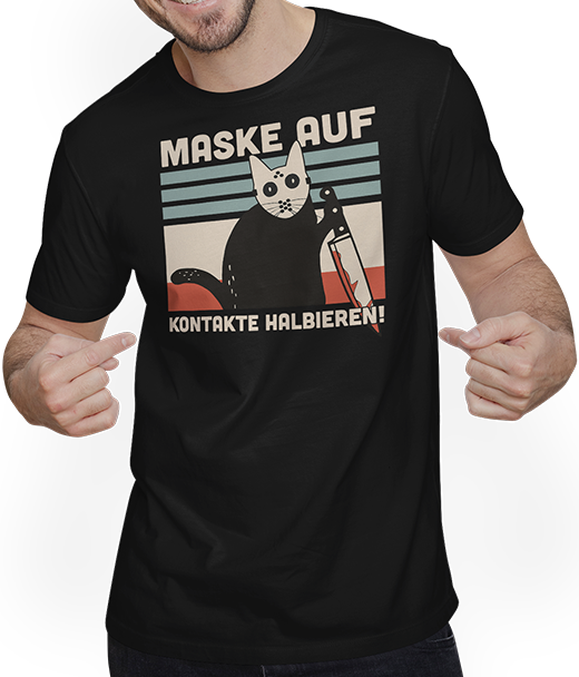 Produktbild von T-Shirt mit Mann Maske auf Kontakte halbieren Lustiger Katzenspruch | Katzen