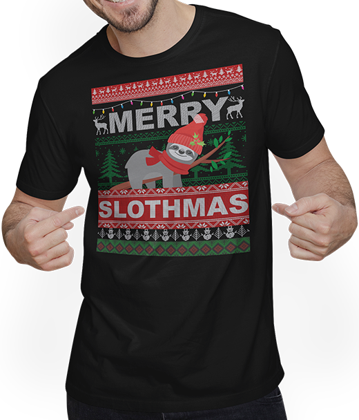 Produktbild von T-Shirt mit Mann Merry Slothmas Lustiger Ugly Christmas Spruch mit Faultier