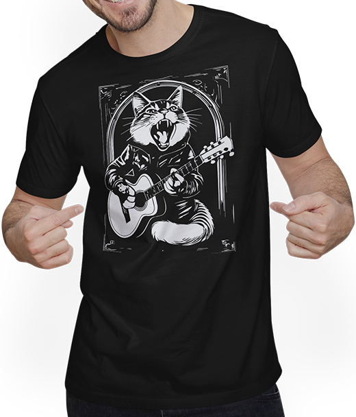 Produktbild von T-Shirt mit Mann Schreiende Katze Musiker spielt akustische Gitarre