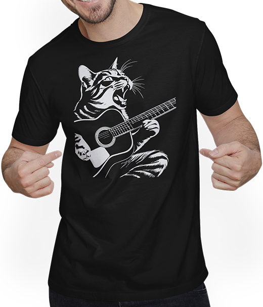 Produktbild von T-Shirt mit Mann Schreiende Katze Musiker spielt akustische Gitarre