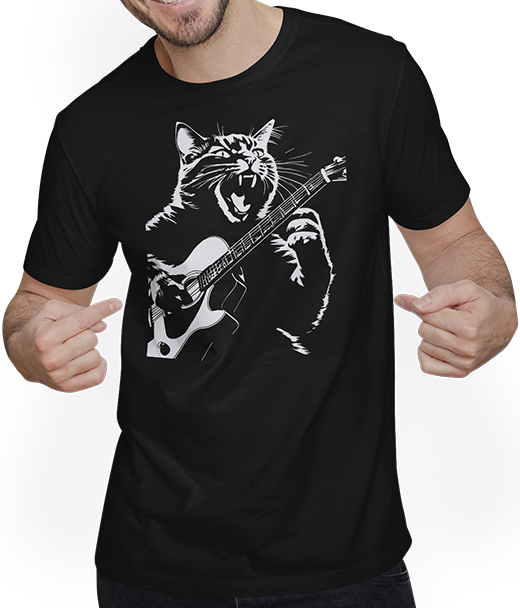 Produktbild von T-Shirt mit Mann Schreiende Katze Musiker spielt akustische Gitarre