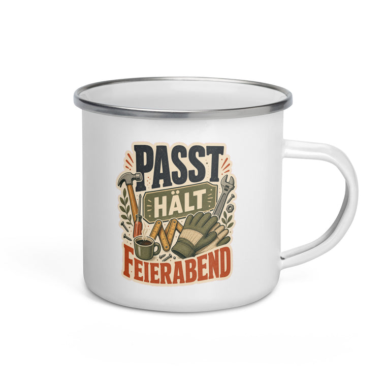 Passt Hält Feierabend Emaille Tasse Handle Right Produktbild 1