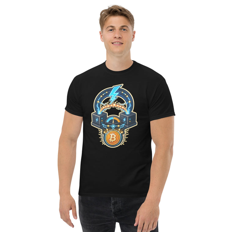 Gildan5000 Bitcoin Lightning Kanal Knoten Routing T-Shirt Schwarz Men's 2 Front