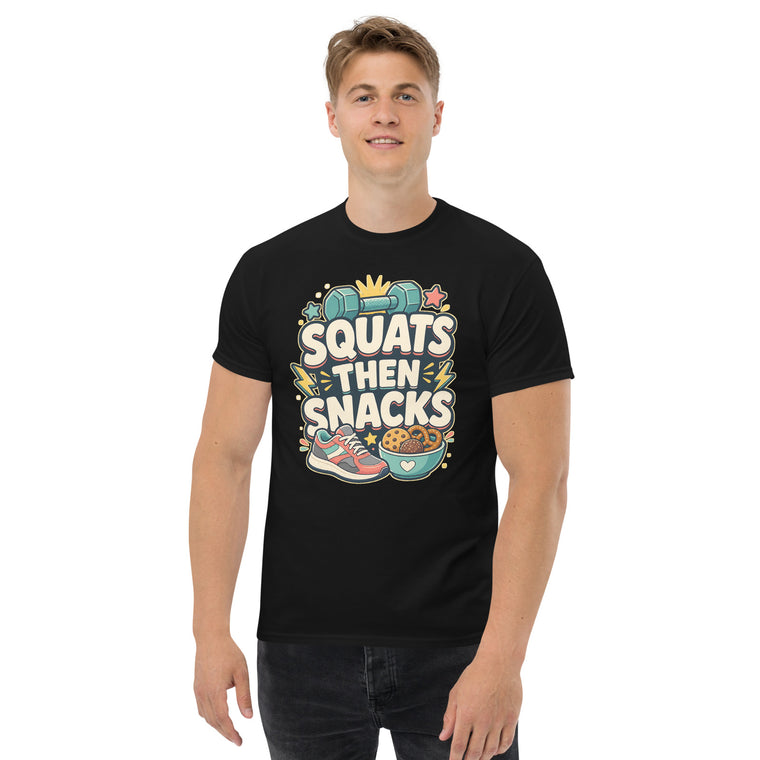 Gildan5000 SQUATS THEN SNACKS Fitness Snack Pause T-Shirt Schwarz Men's 2 Front