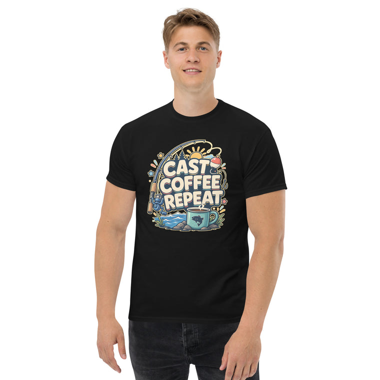 Gildan5000 CAST COFFEE REPEAT Angeln Kaffee T-Shirt Schwarz Men's 2 Front