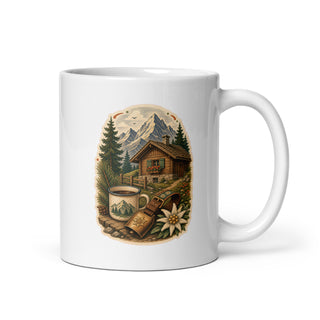 Alpenhütte Berge Tannen Kaffeetasse Weiß Handle Right Produktbild 1