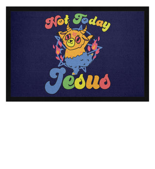 Fußmatte zeigt Baphomet mit satanischem Spruch Not Today Jesus