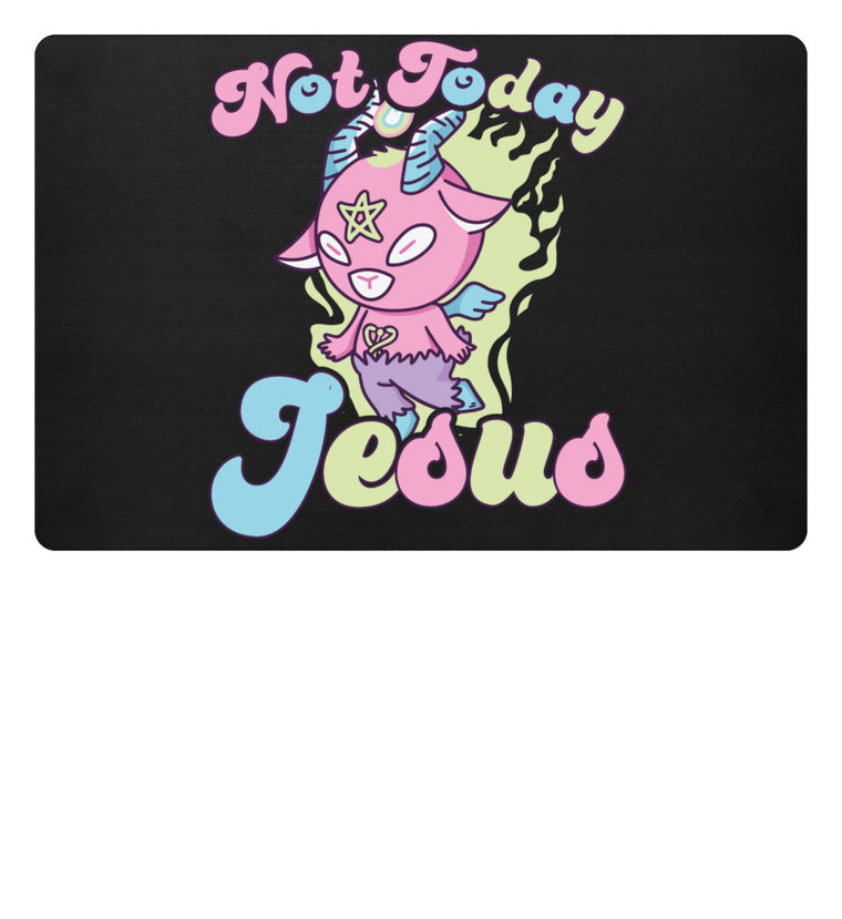Fußmatte zeigt Baphomet mit satanischem Spruch Not Today Jesus