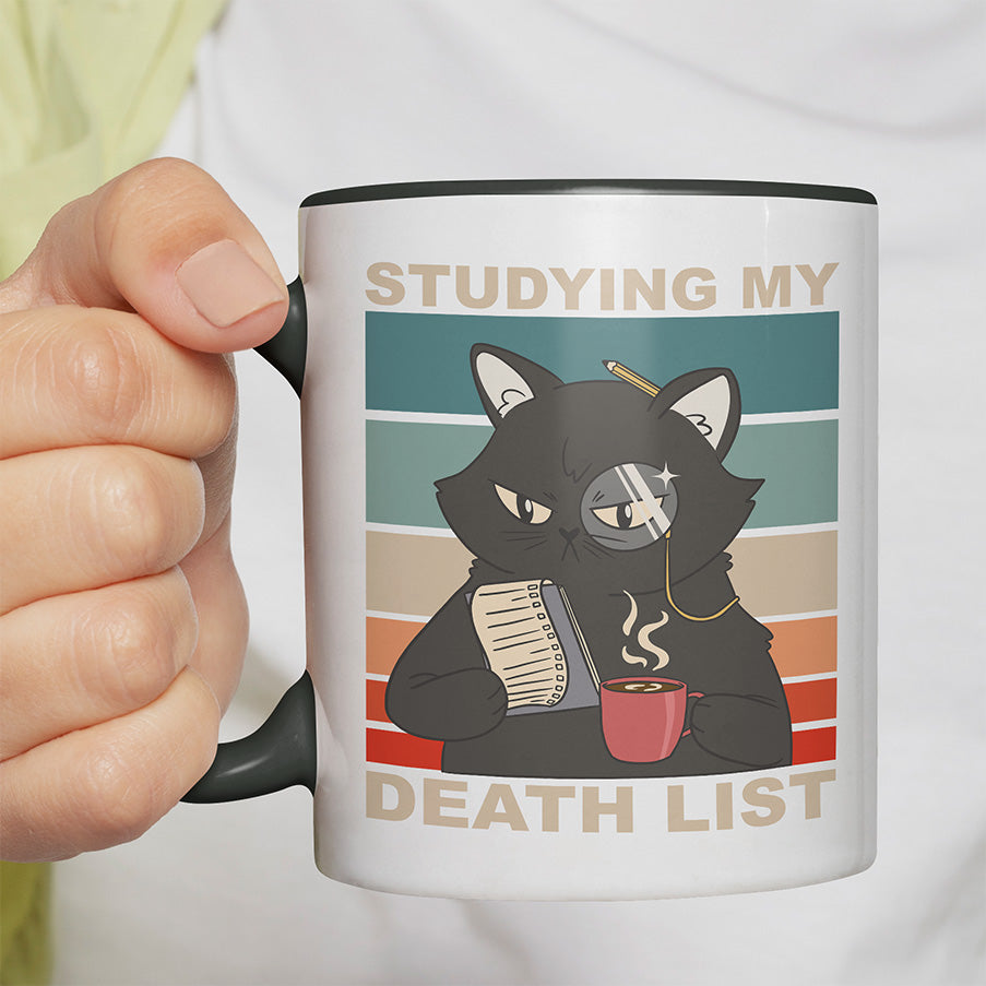 Studying my death list Katze Witzige schwarze Tasse kaufen Geschenk