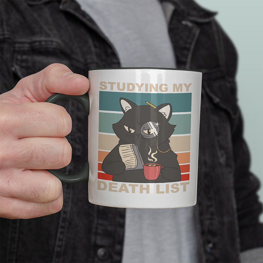 Studying my death list Katze Witzige schwarze Tasse kaufen Geschenk