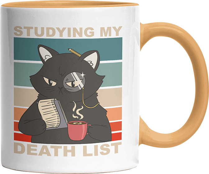 Studying my death list Katze Witzige Goldgelb Tasse kaufen Geschenk