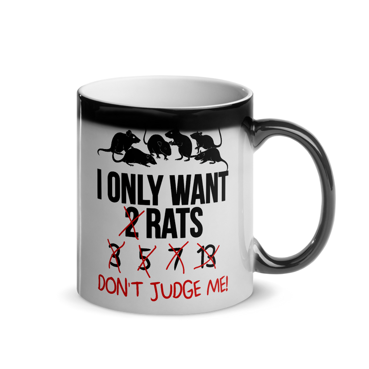 Zeigt eine magische Wärmetasse mit Ratten darauf mit einem lustigen Spruch für Rattenhalter