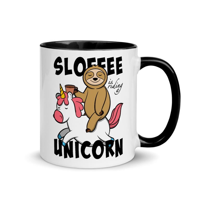 Sloffee Is Riding a Unicorn | Zweifarbige Tasse Lustiger Spruch