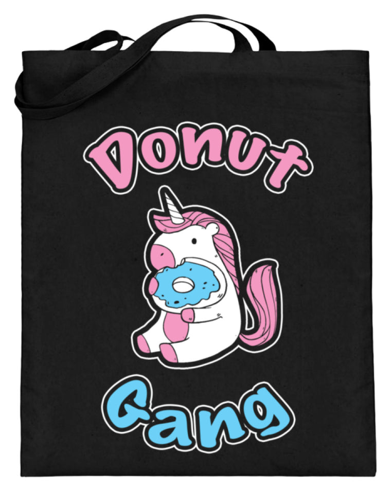 Süßes kleines Einhorn nascht leckeren süßen Donut auf | Jutebeutel in Schwarz in Größe 38cm-42cm