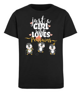 Just A Girl Who Loves Penguins | Kinder Organic T-Shirt in Black in Größe 12/14 (152/164)